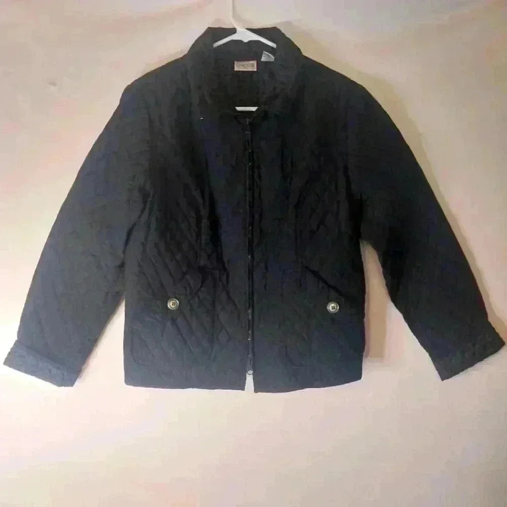 Chicos Quilted Zip Up Jacket, Black, Size 1